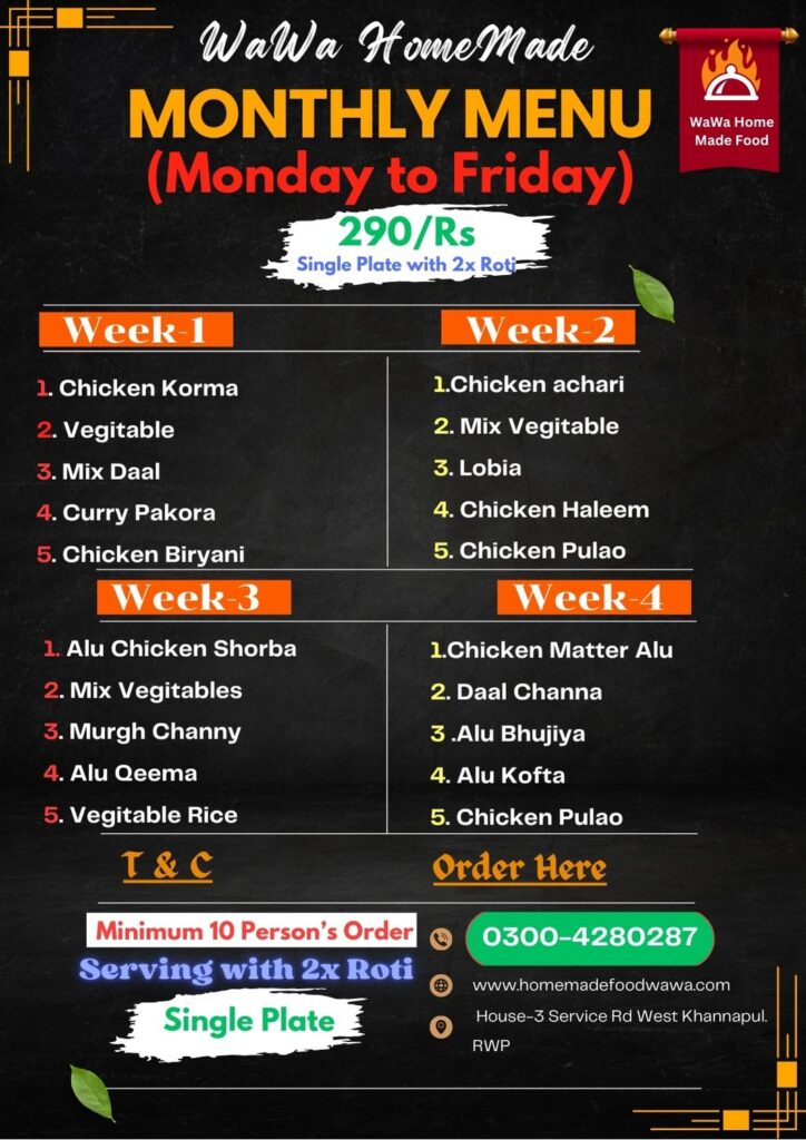 Monthly Home made food Menu